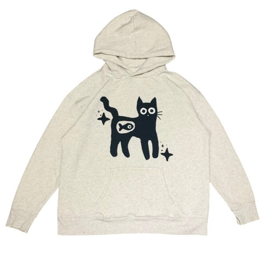 Custom Upcycled Black Cat Patchwork Gray Hoodie – Oversized Large